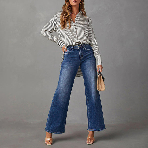 Cross-border Amazon independent station new washed dark blue straight high-elastic women's denim trousers, super hot