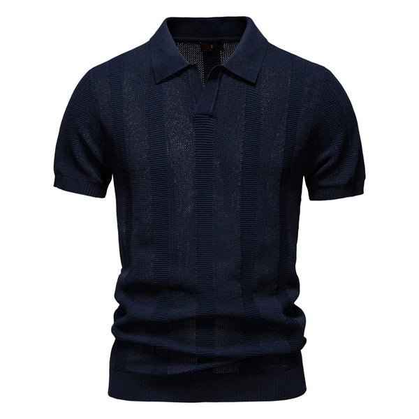 Men's Polo Shirt Knitted Stripes Openwork Short Sleeve