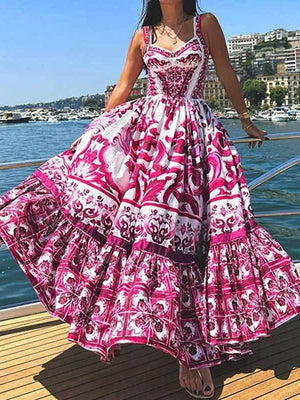 Bohemian Style Elegant Light Luxury Mid-Length Printed Halter Dress