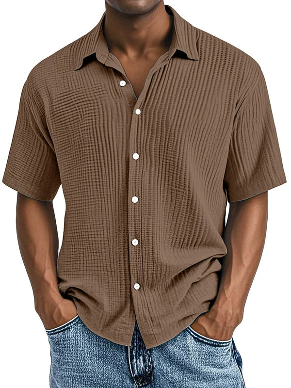 Men's Double-layered Wrinkled Fabric Casual Short Sleeved Shirt with Lapel Collar