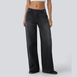 Asymmetric Low Rise Button Zipper Multiple Pockets Wide Leg Jeans