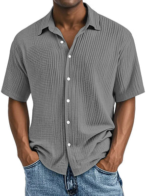Men's Double-layered Wrinkled Fabric Casual Short Sleeved Shirt with Lapel Collar