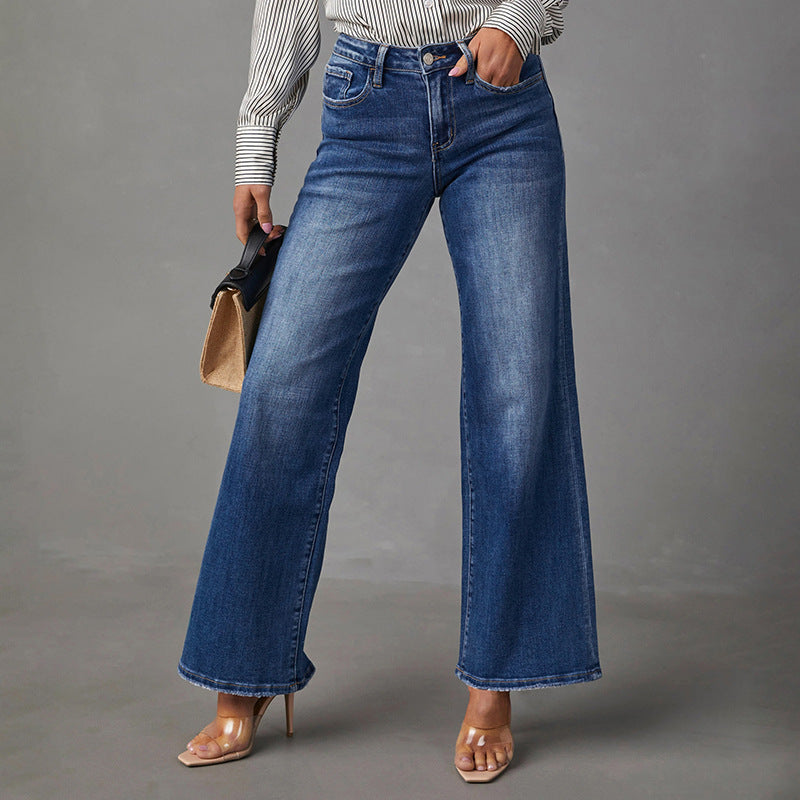 Cross-border Amazon independent station new washed dark blue straight high-elastic women's denim trousers, super hot