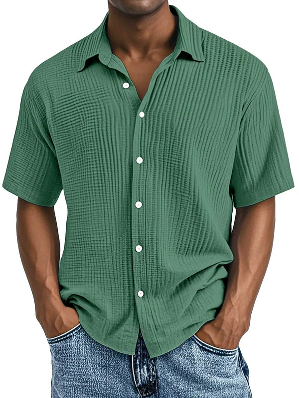 Men's Double-layered Wrinkled Fabric Casual Short Sleeved Shirt with Lapel Collar