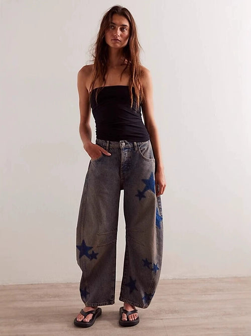 Women's Retro Low-Rise Non-Stretch Washed Printed Wide-Leg Curved-Leg Jeans