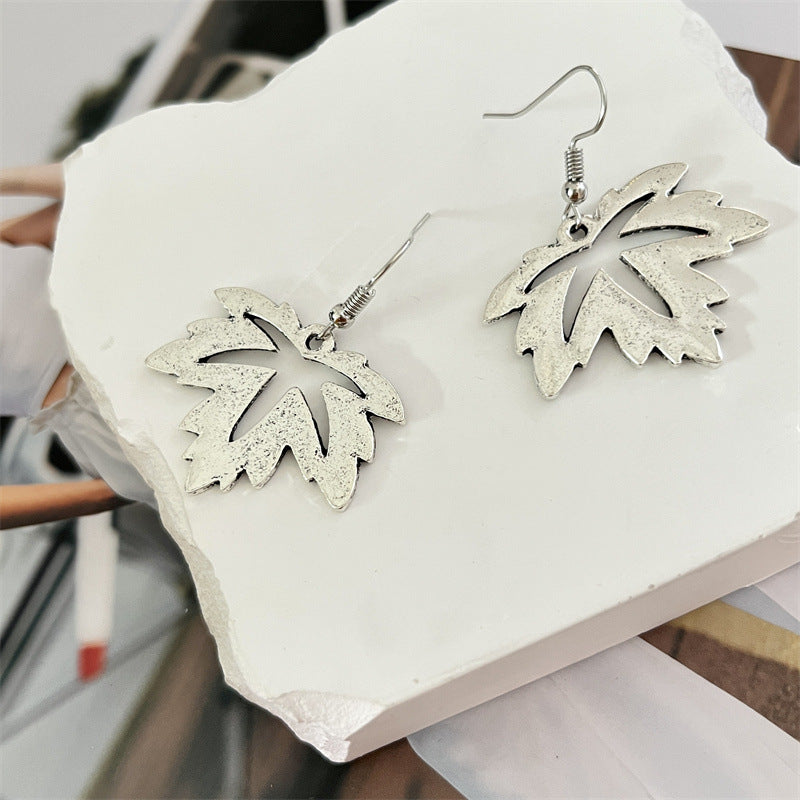 Ethnic Style Antique Silver Maple Leaf Dangle Earrings