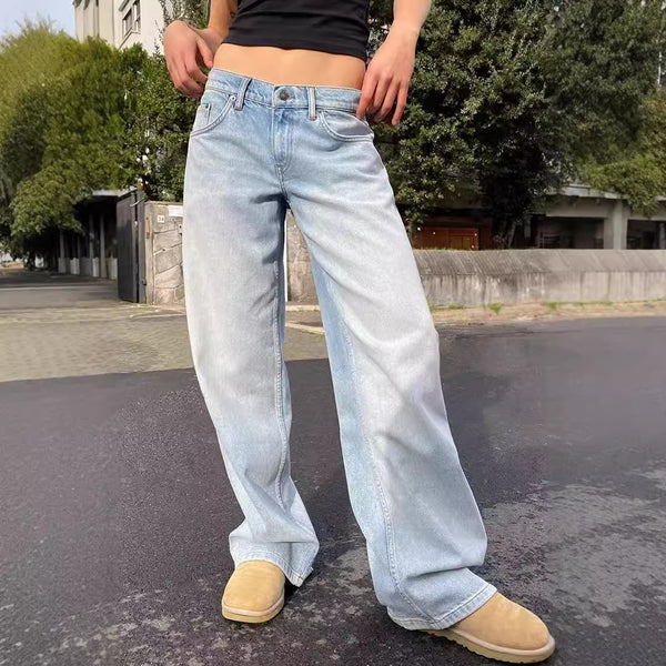 European and American washed retro straight high waist wide legs loose drape versatile jeans