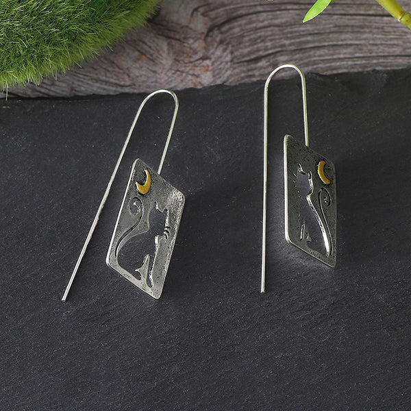 Cutout Cat Crescent Moon Dangle Earrings