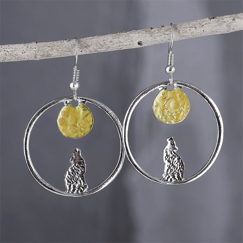 Circle Wolf Moon Dangle Earrings