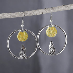 Circle Wolf Moon Dangle Earrings