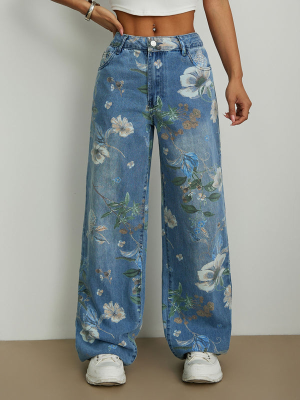 Street Trend Loose Straight Wide-Leg Pants Printed Denim Trousers