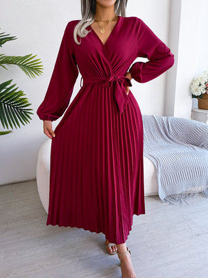 Temperament cross V-neck big swing pleated long dress