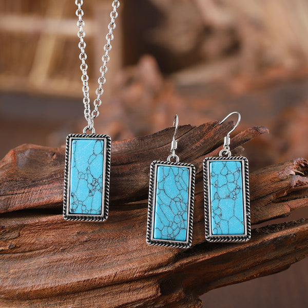 Geometric pendant earrings necklace with rectangular turquoise stones