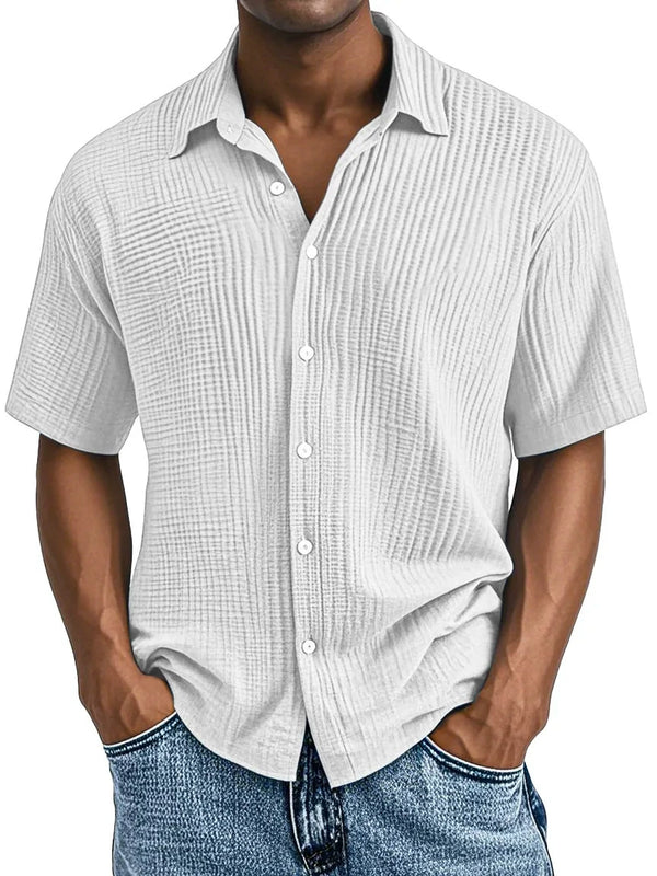 Men's Double-layered Wrinkled Fabric Casual Short Sleeved Shirt with Lapel Collar