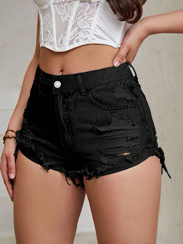 Spot-35860 #Amazon Cross-Border Women's INS Casual High Waist Ripped Rough Rim Denim Shorts Jeans