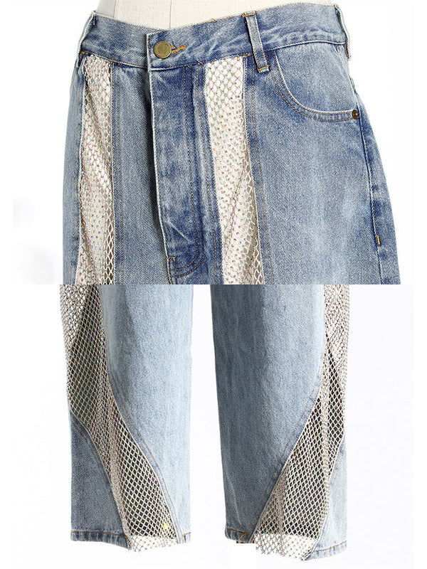 Mesh Rhinestone Denim Jeans