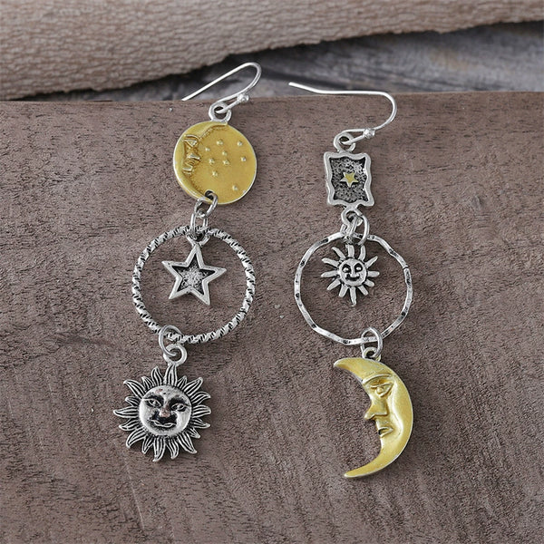 Sun Moon Asymmetric Dangle Earrings