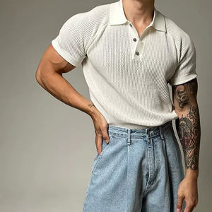 Men's New Summer Short Sleeve Knit Polo Shirt with Cutouts