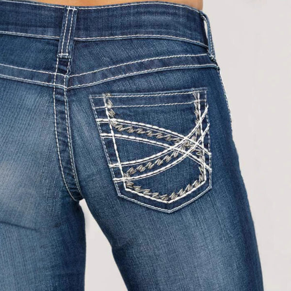 Cross-border exclusive for Amazon independent station Europe and the United States new fashion embroidery double waist straight elastic jeans women