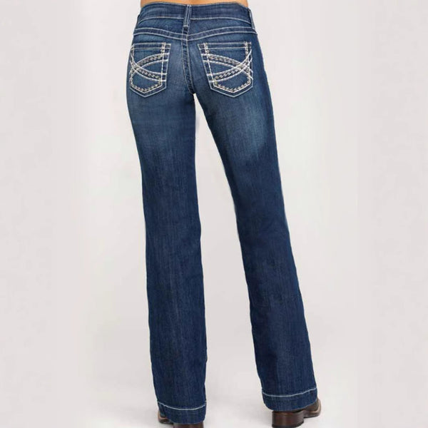 Cross-border exclusive for Amazon independent station Europe and the United States new fashion embroidery double waist straight elastic jeans women