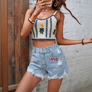 Spot-35859-1 #Amazon Cross-border European and American Women's Clothing Embroidery Casual High Waist Burr Edge Ripped Denim Shorts