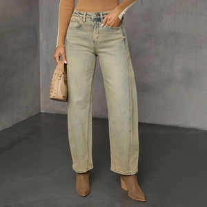 American stretch high street straight nostalgic retro blue women's denim trousers casual versatile cross-border spot worker