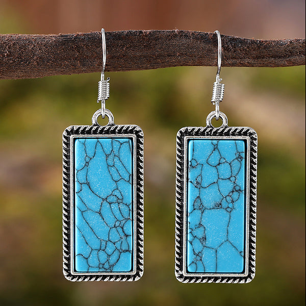 Geometric pendant earrings necklace with rectangular turquoise stones