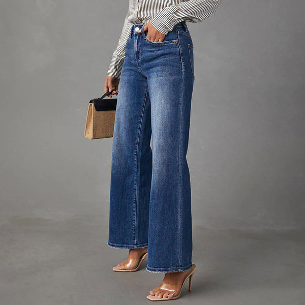 Cross-border Amazon independent station new washed dark blue straight high-elastic women's denim trousers, super hot