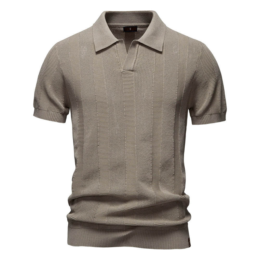 Men's Polo Shirt Knitted Stripes Openwork Short Sleeve