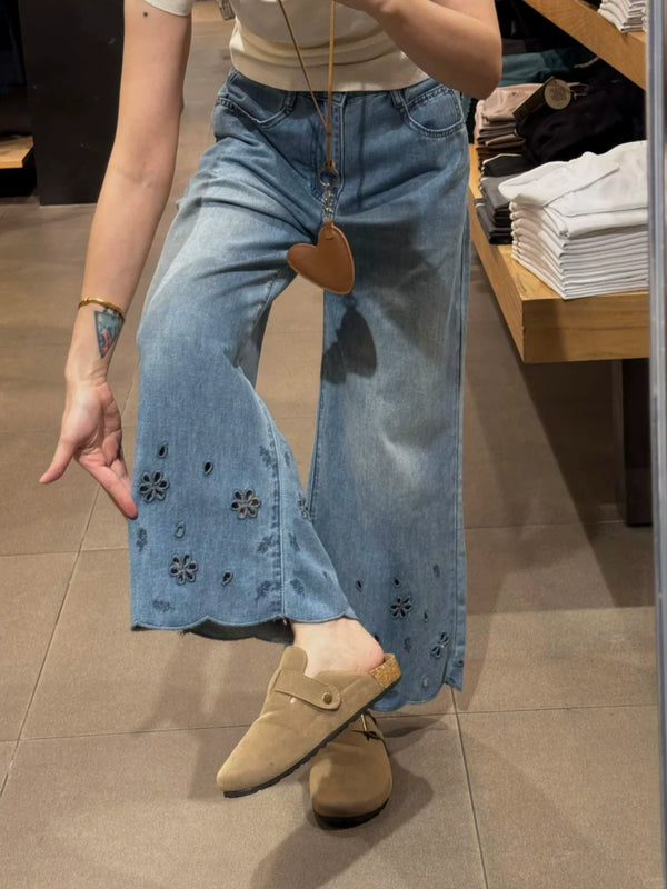 High-Waist Plus Size Slimming Straight-Leg Denim Jeans with Cutouts