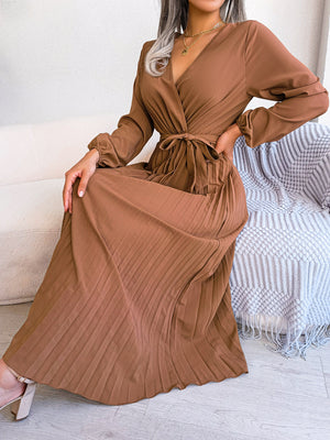 Temperament cross V-neck big swing pleated long dress