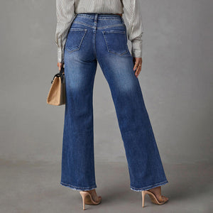 Cross-border Amazon independent station new washed dark blue straight high-elastic women's denim trousers, super hot
