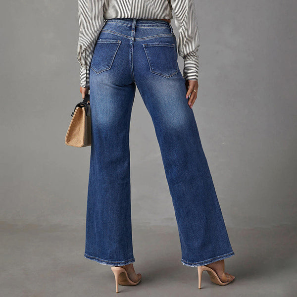 Cross-border Amazon independent station new washed dark blue straight high-elastic women's denim trousers, super hot