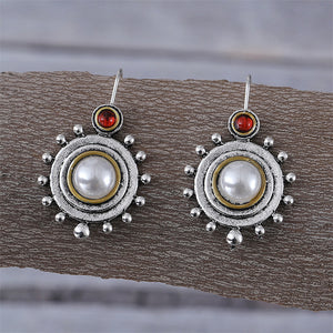 Vintage Round Pearl Flower Disk Earrings