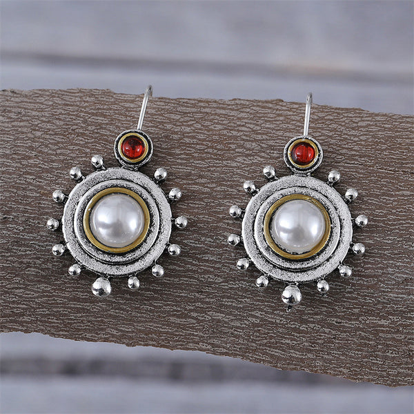 Vintage Round Pearl Flower Disk Earrings