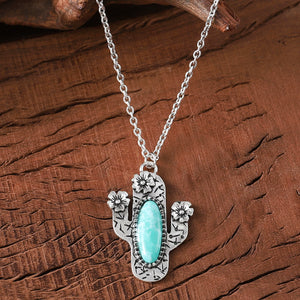 Inlaid Turquoise Cactus Pendant Necklace
