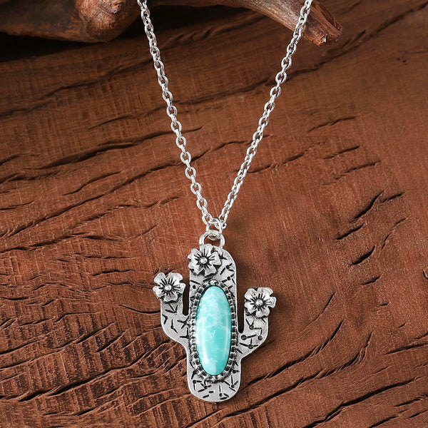 Inlaid Turquoise Cactus Pendant Necklace