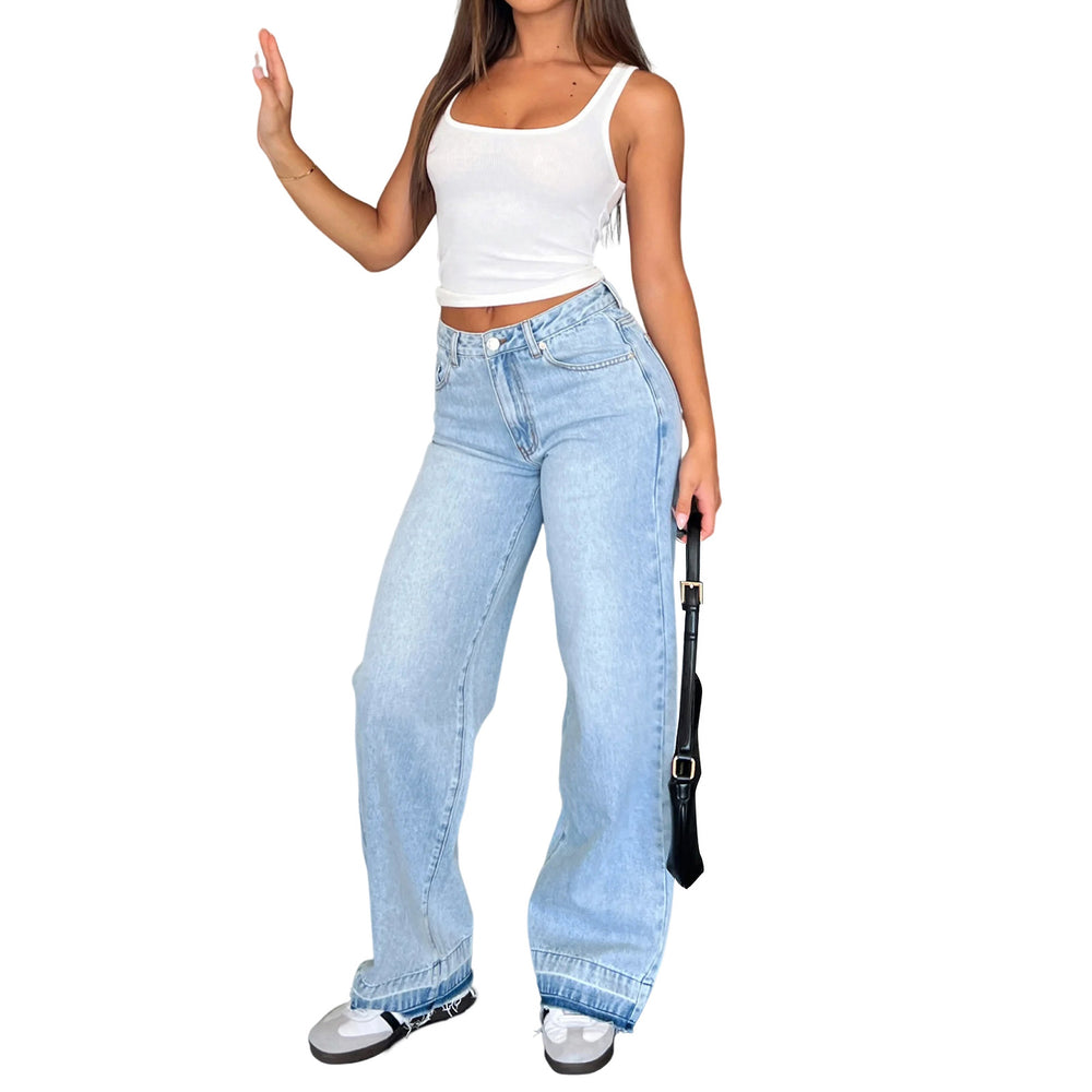 2024 cross-border new Amazon independent station women's elastic mid-waist straight denim trousers are super hot