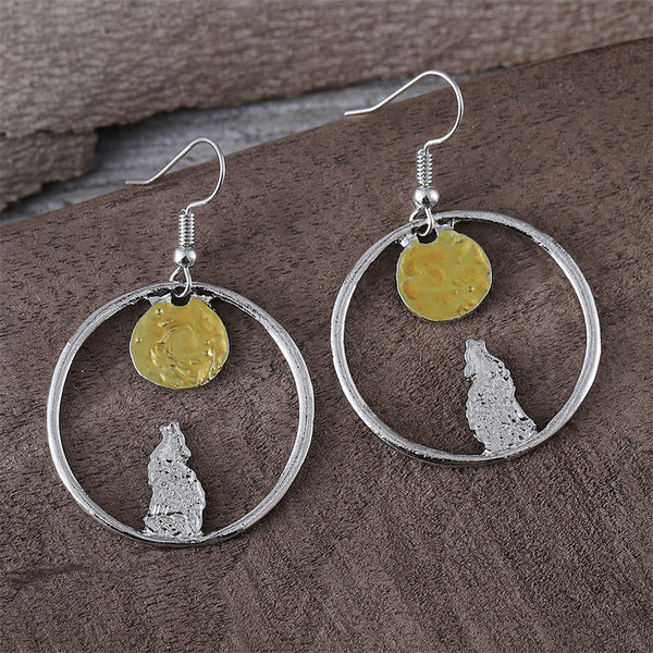 Circle Wolf Moon Dangle Earrings