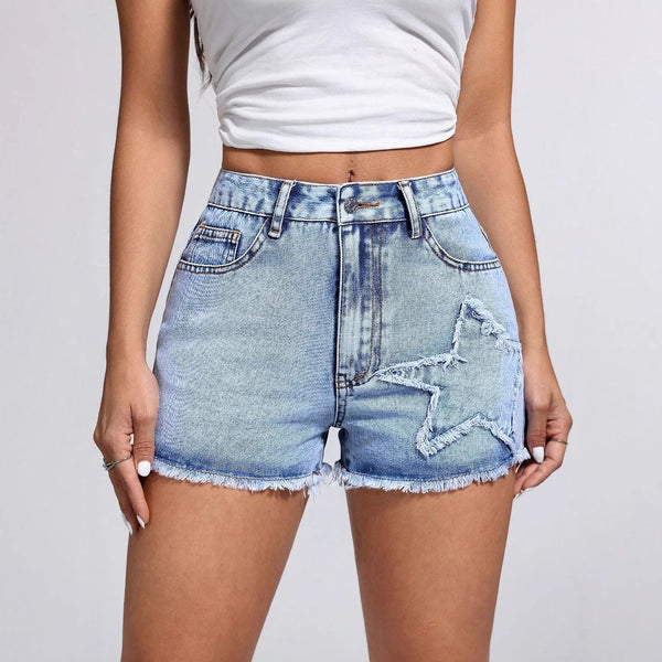 317-65618 #Cross-border foreign trade women's clothing Europe and America INS new casual fashion rough edge star denim shorts