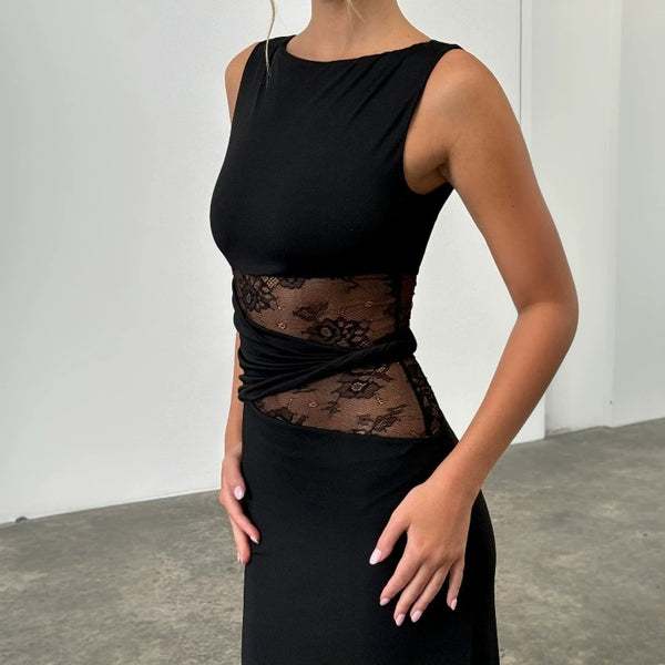 Women's Solid Color Semi-Transparent Lace Cutout Twisted Waist Dress