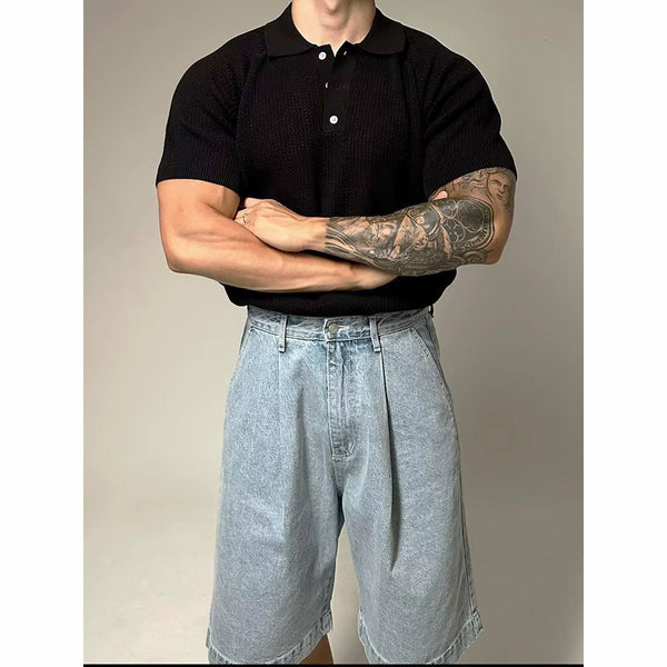 Men's New Summer Short Sleeve Knit Polo Shirt with Cutouts
