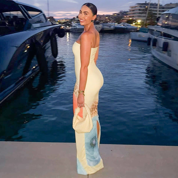 Women's Strapless Slit Print Dress