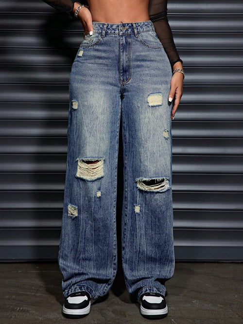 45-Spot-65700 Amazon cross-border foreign trade women's clothing European and American casual loose straight ripped denim trousers