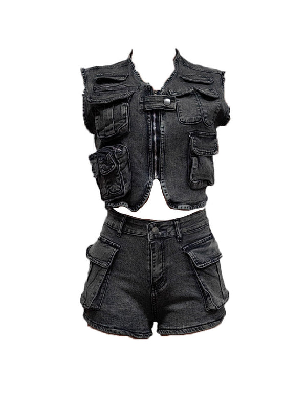 Denim Cargo Vest & Shorts Set