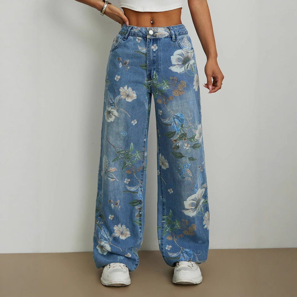 Spot-15875 Cross-border AliExpress European and American street trend loose straight wide-leg pants printed denim trousers