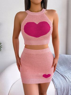 Casual love color clashing navel top wrap skirt set