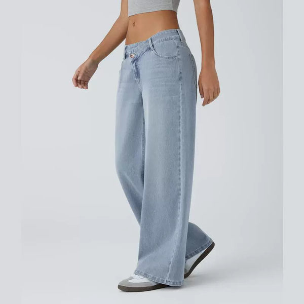 Asymmetric Low Rise Button Zipper Multiple Pockets Wide Leg Jeans