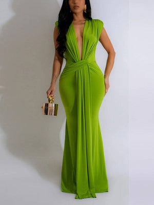 Elegant Plunge Draped Maxi Dress