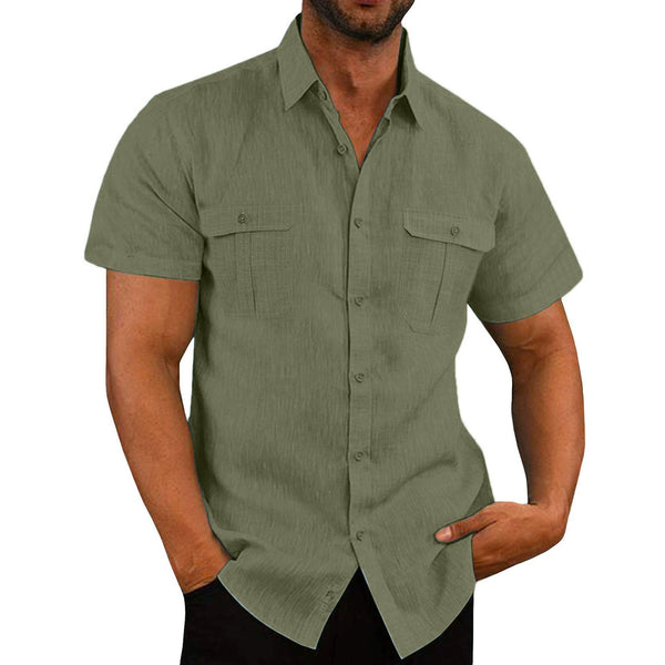 Men's Shirt Double Pocket Cotton Linen Short Sleeve Shirt Casual Vacation Shirt 7 Colors